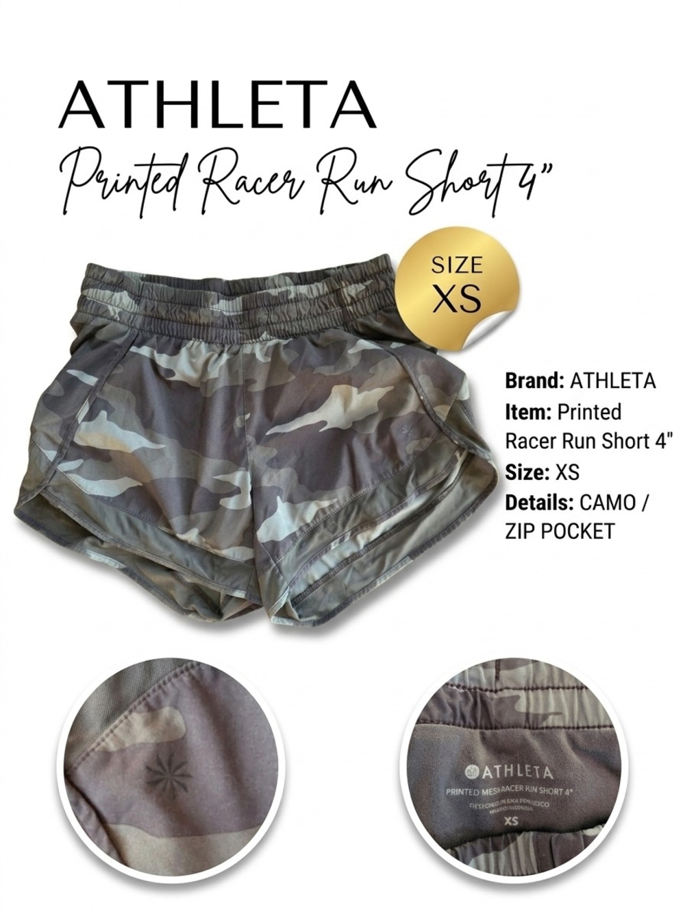 ATHLETA Printed Racer Run Short 4" - Camo (XS)
